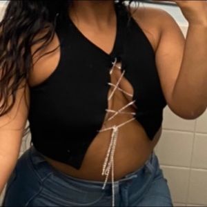 Black cropped tank top Rhinestone lace up